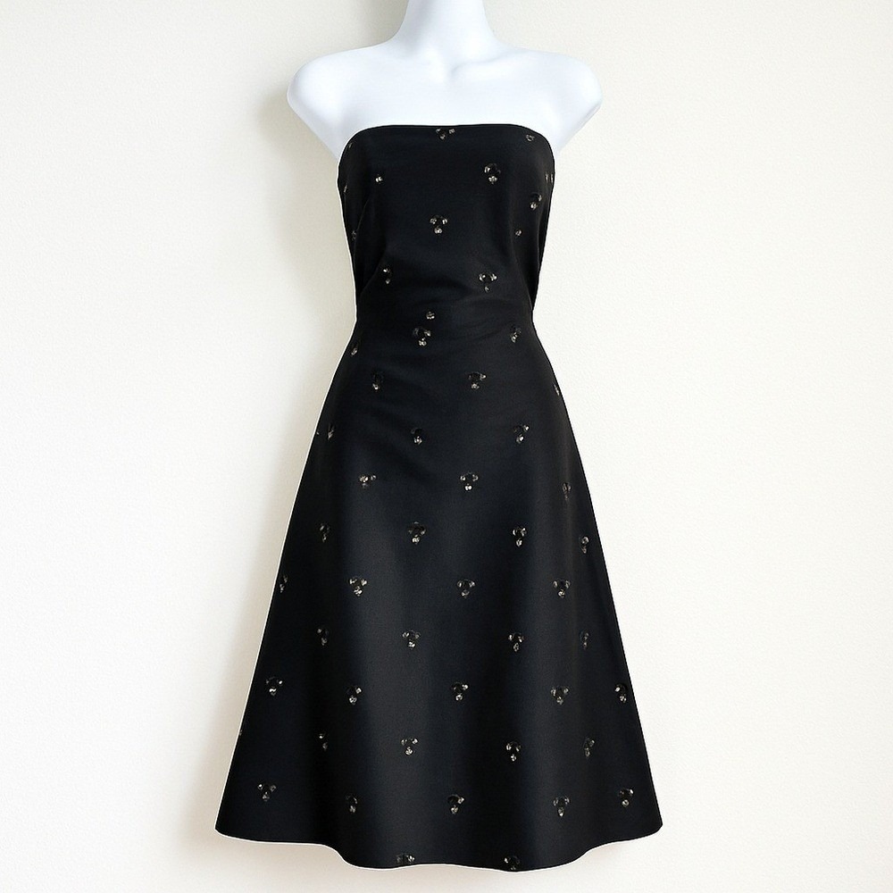 LYNN LUGO 100% Silk Black Strapless Beaded A Line Midi Dress Vintage Size 10